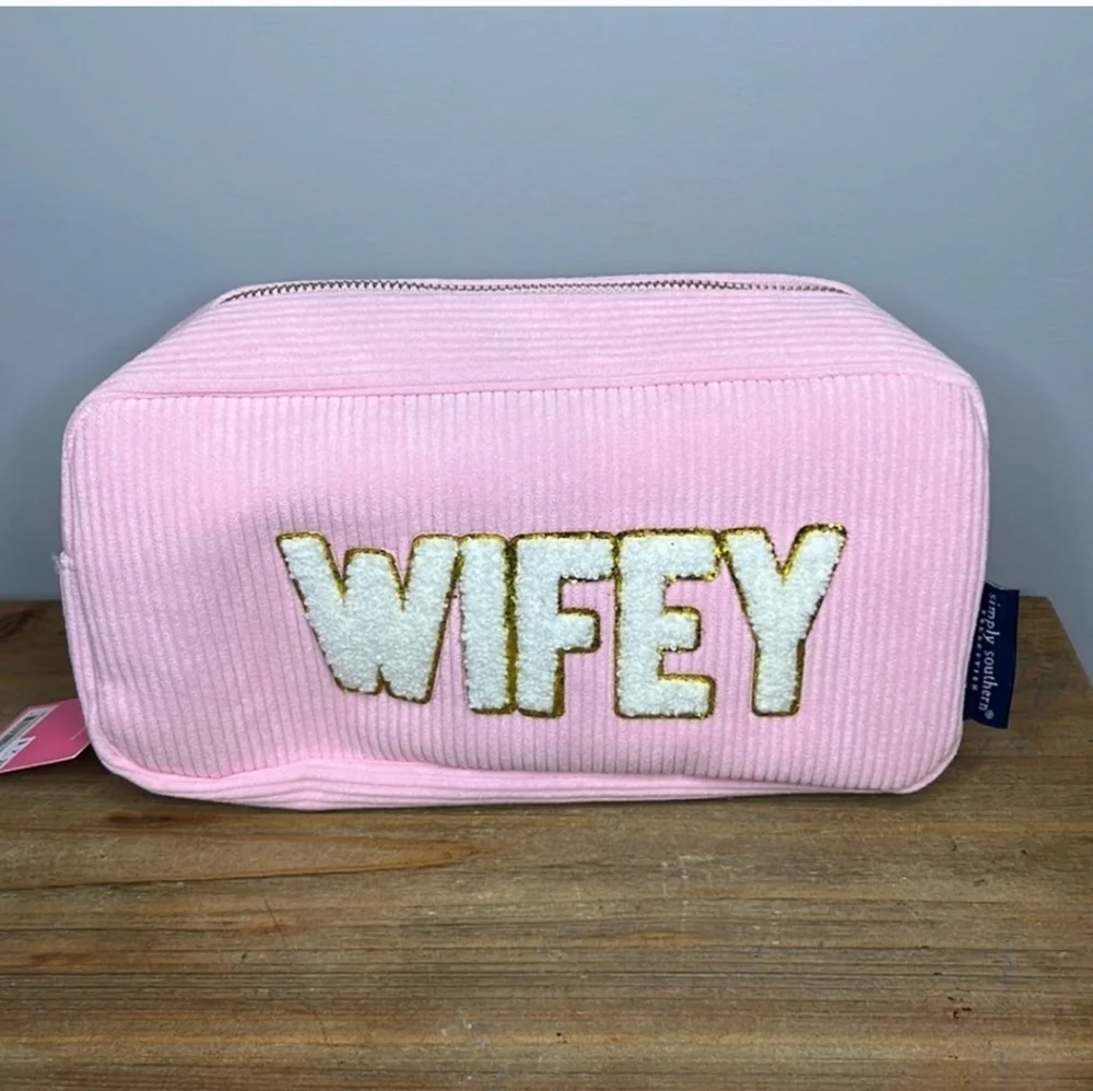 NWT Simply Southern WIFEY Pink White and Gold Varsity Cosmetic Bag